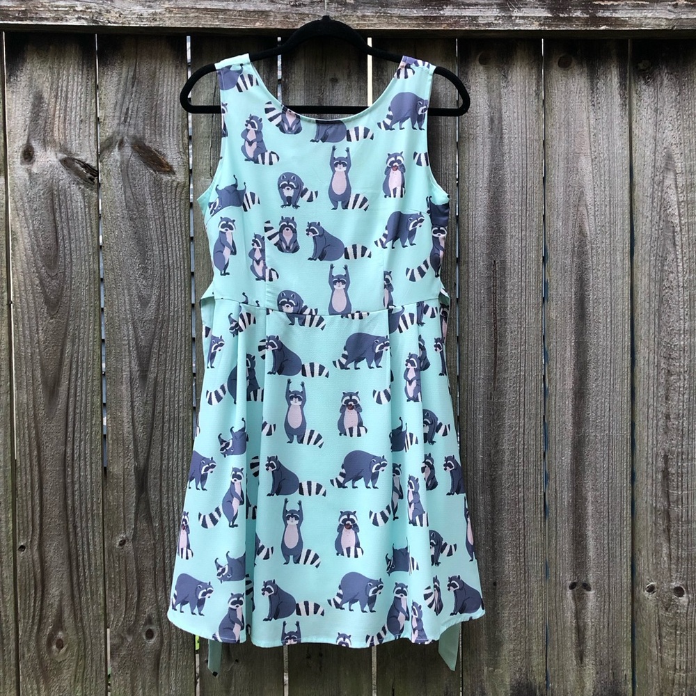 LA Soul Raccoon Print Dress Size M Light Blue Tie Back Fit & Flare